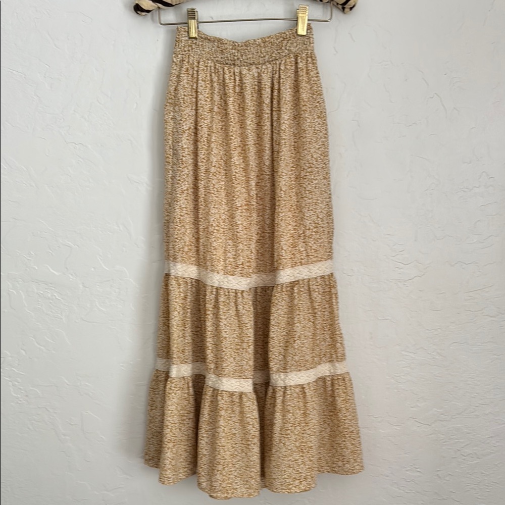 Beige Mustard Yellow Tiered Maxi Skirt bohme clothing XS Bohemian Cottagecore
